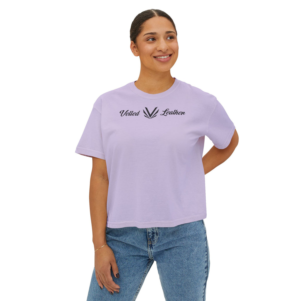 Vetted V Leather Women's Boxy Tee - Minimal Logo Crop T-Shirt