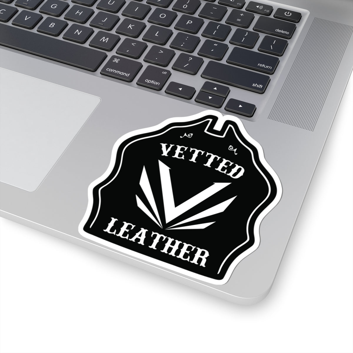 Vetted Leather Logo Kiss-Cut Sticker — Black Emblem Decal for Laptops & Gear