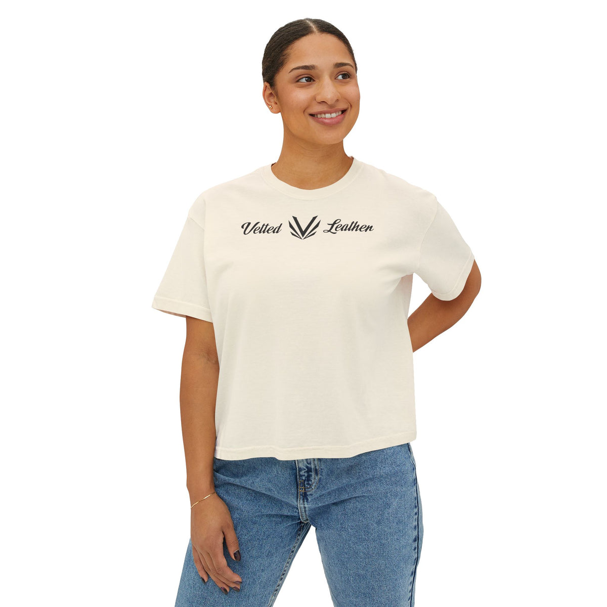 Vetted V Leather Women's Boxy Tee - Minimal Logo Crop T-Shirt