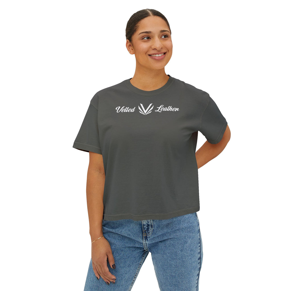 Vetted V Leather Women's Boxy Tee - Minimal Logo Crop T-Shirt