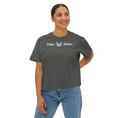Vetted V Leather Women's Boxy Tee - Minimal Logo Crop T-Shirt