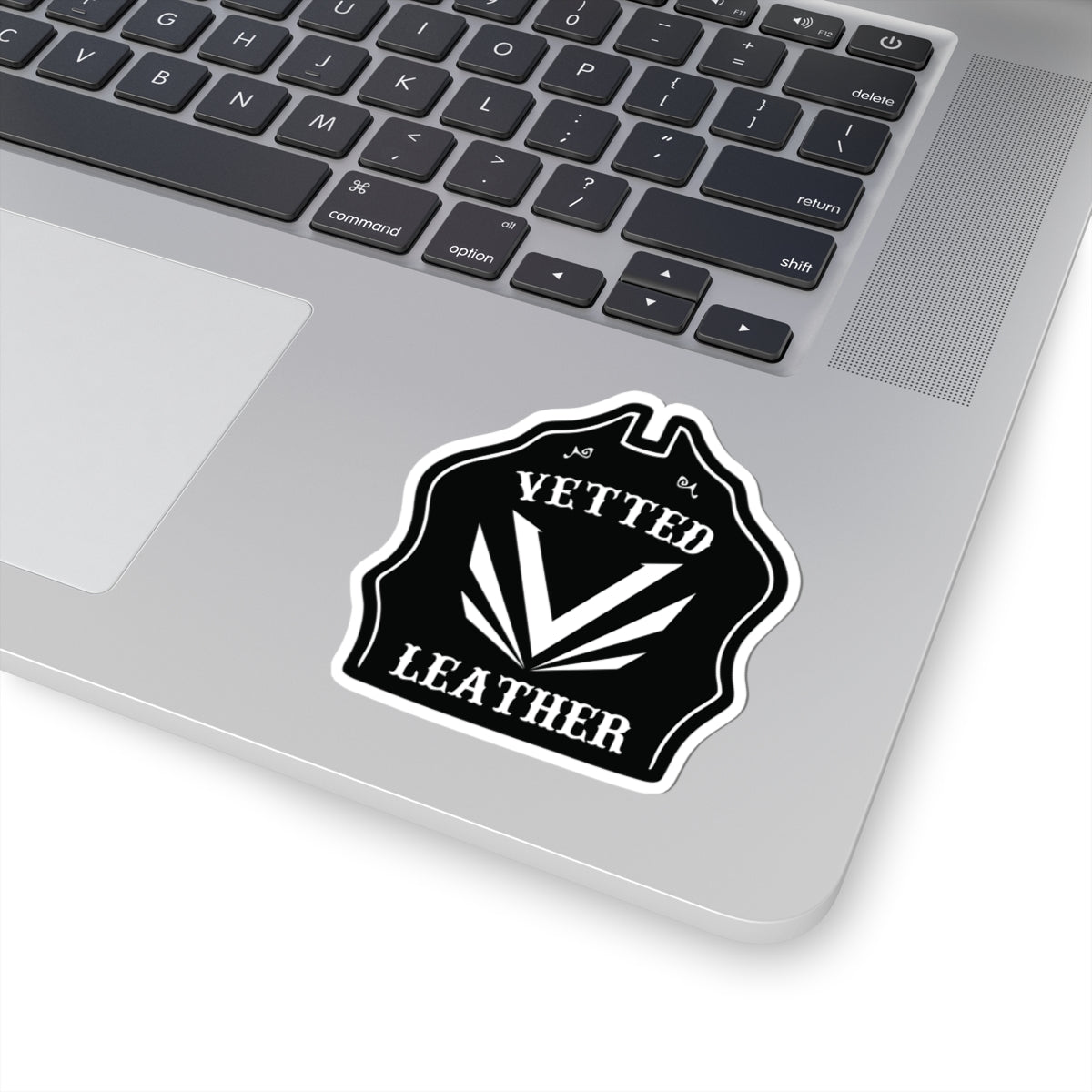 Vetted Leather Logo Kiss-Cut Sticker — Black Emblem Decal for Laptops & Gear