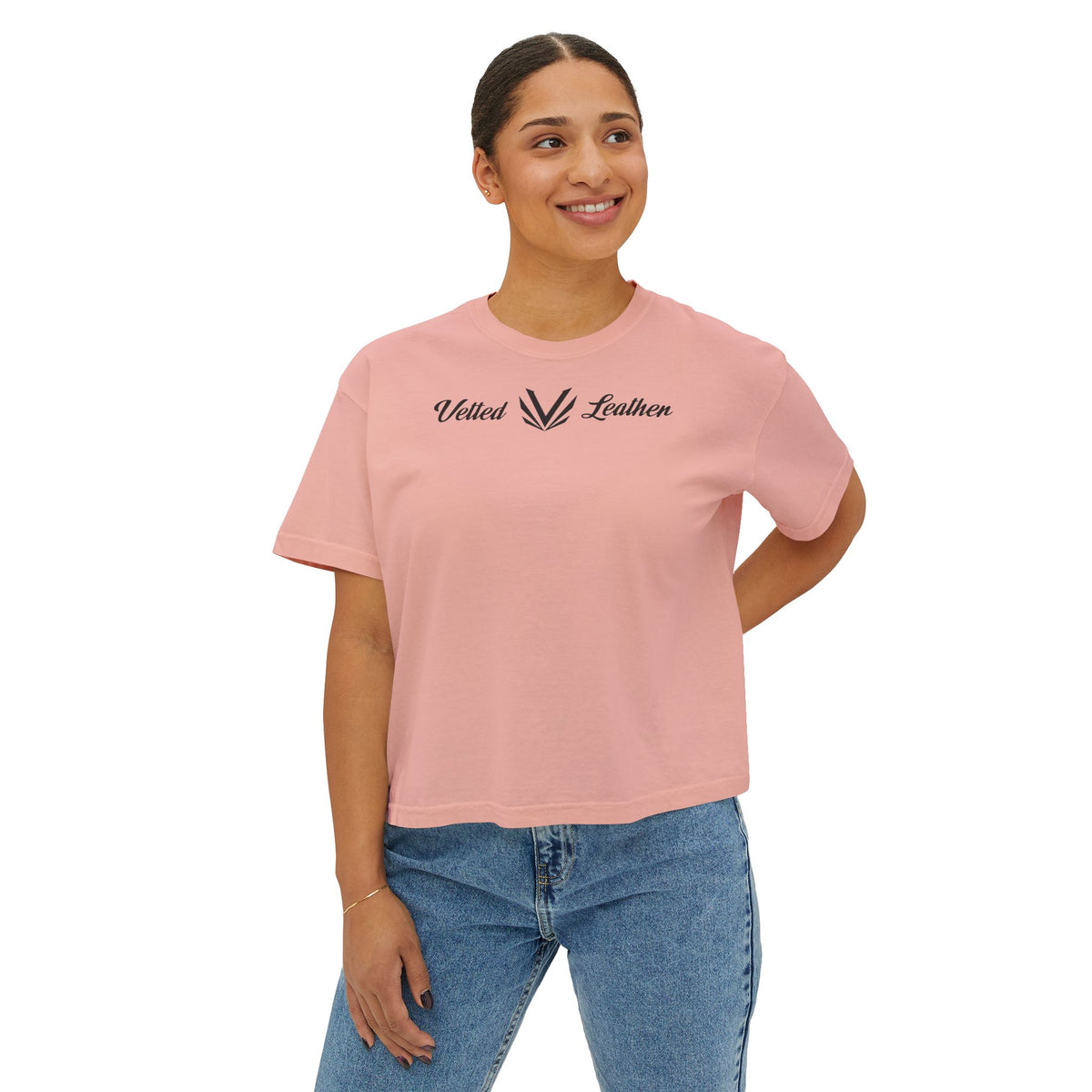Vetted V Leather Women's Boxy Tee - Minimal Logo Crop T-Shirt