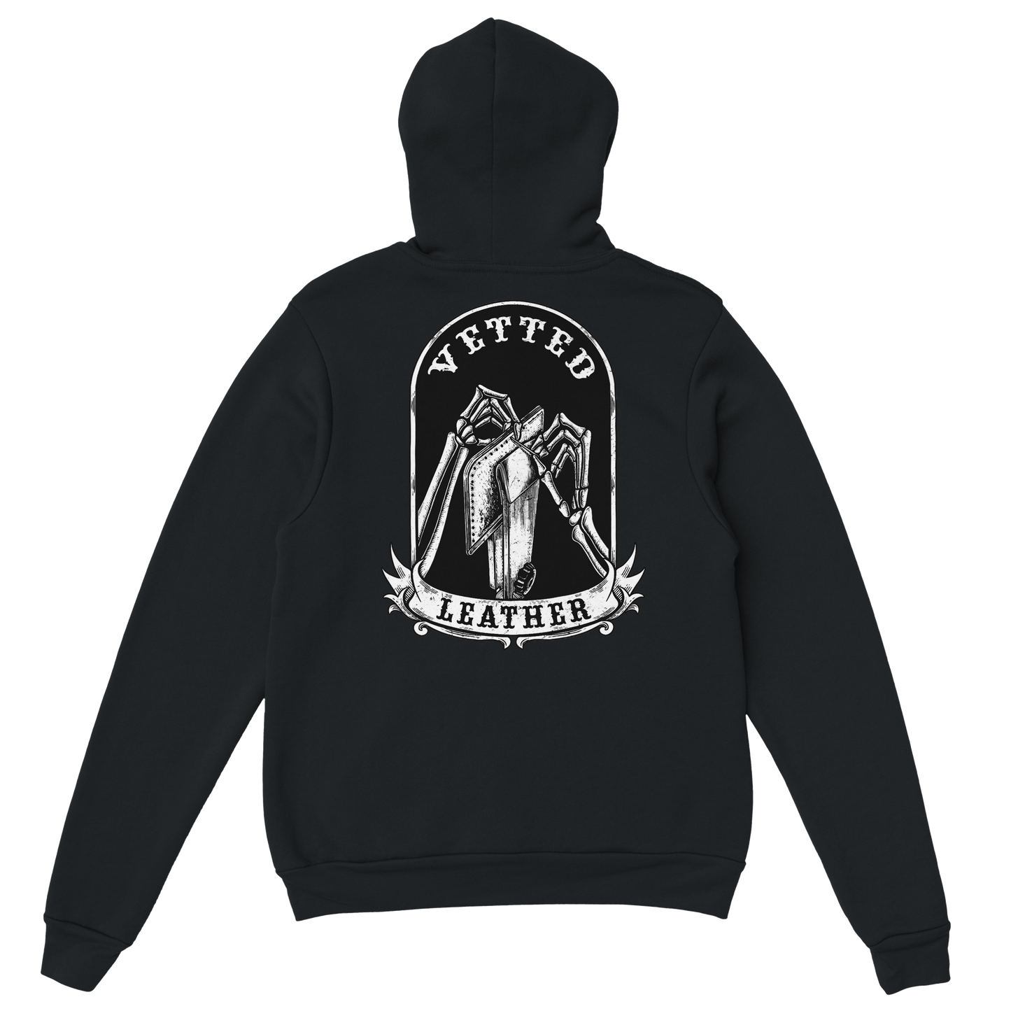 Vetted Leather Hoodie (Black filled back art) Gildan