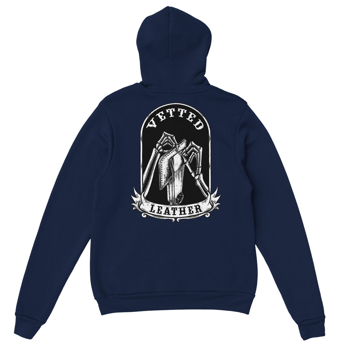 Vetted Leather Hoodie (Black filled back art) Gildan
