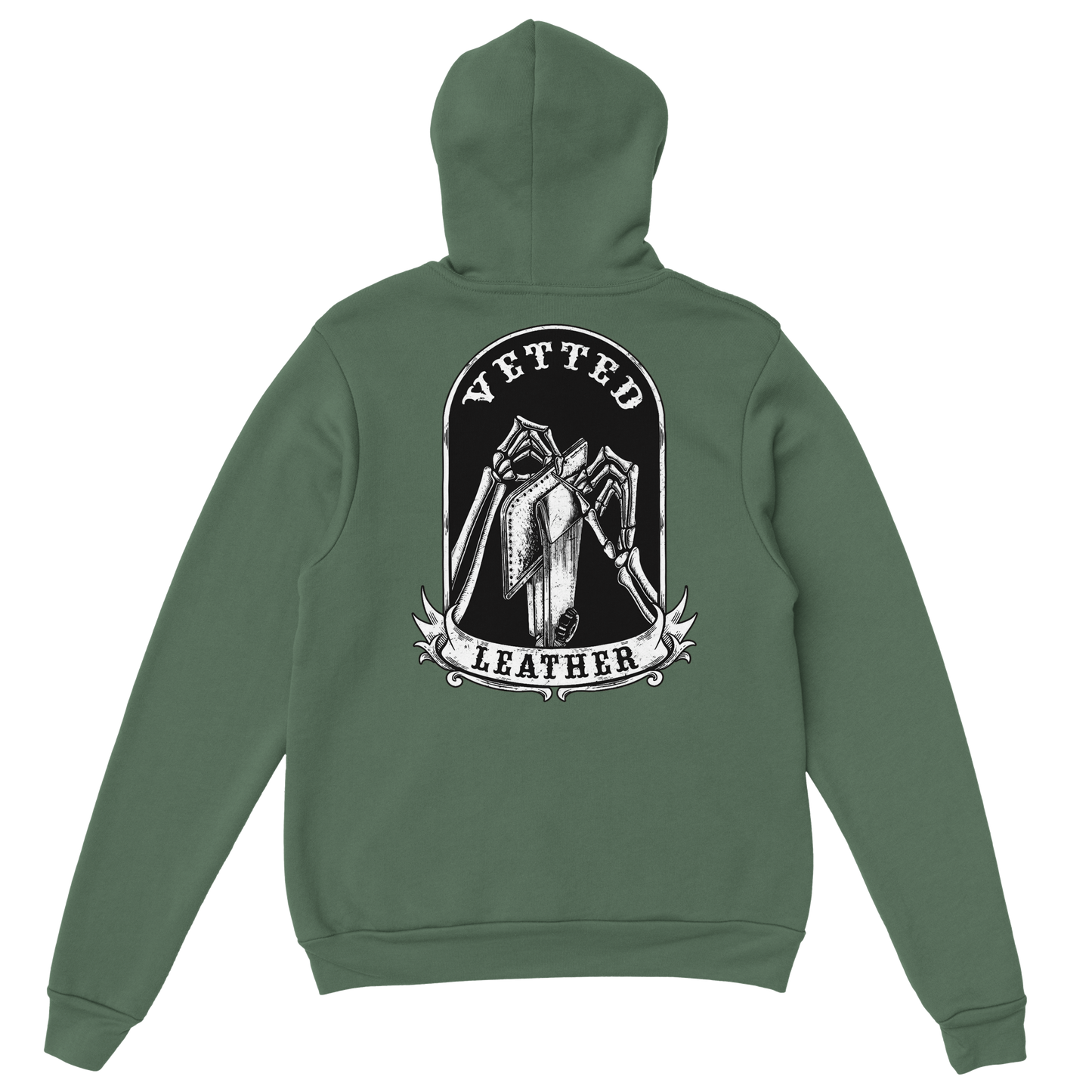 Vetted Leather Hoodie (Black filled back art) Gildan