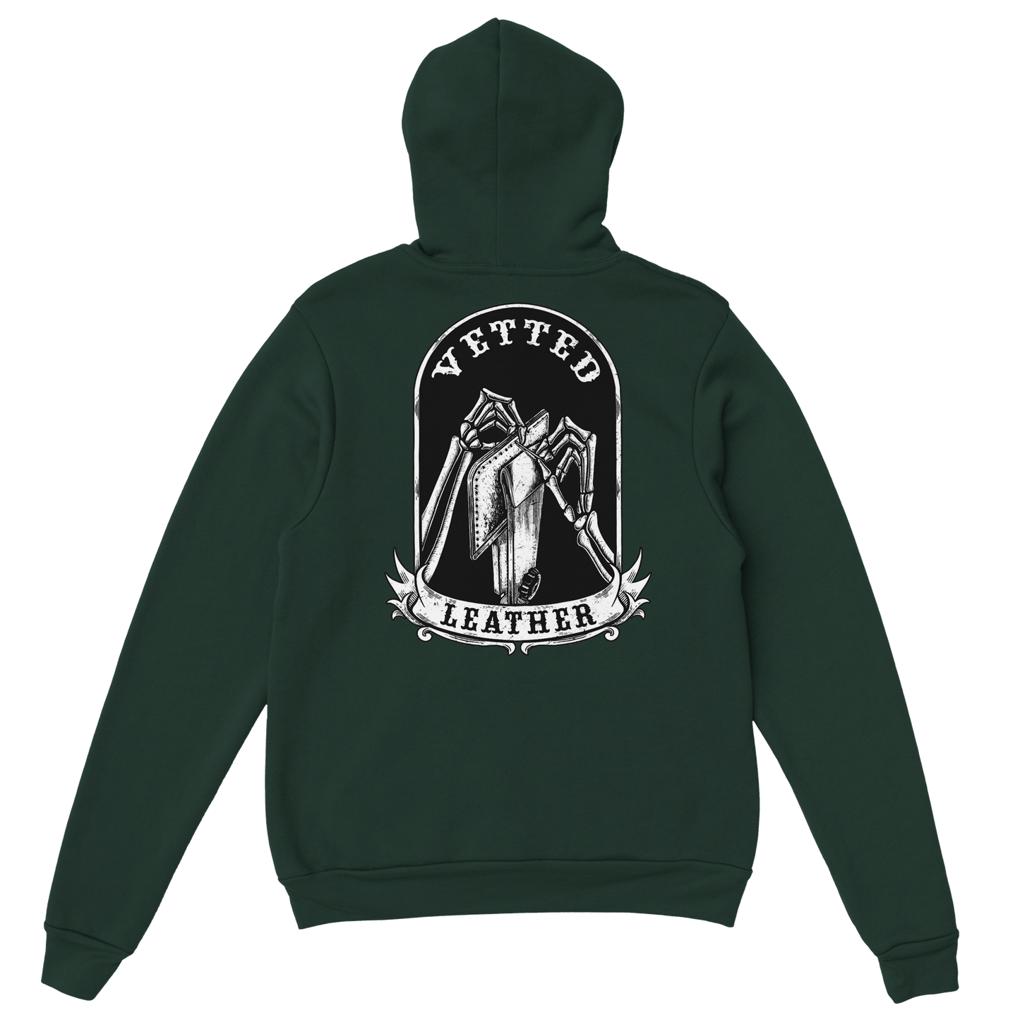 Vetted Leather Hoodie (Black filled back art) Gildan
