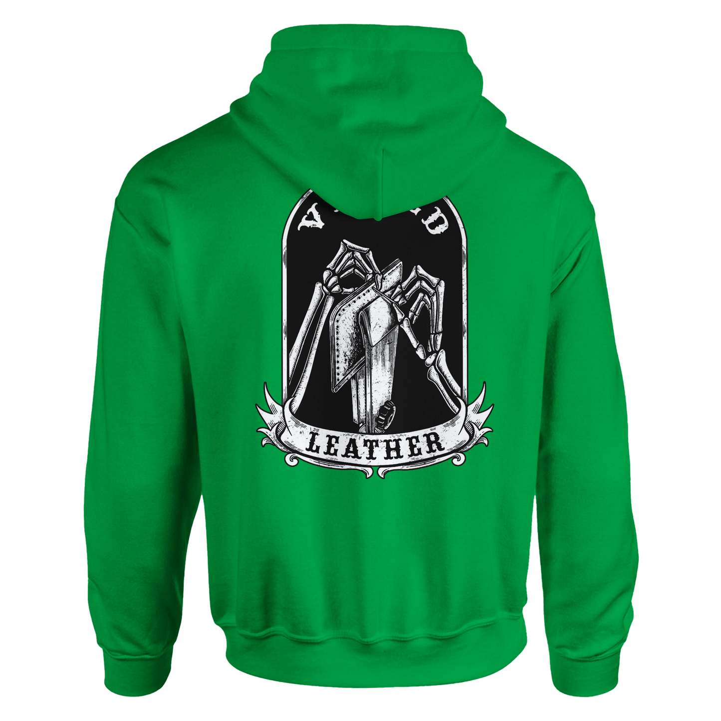 Vetted Leather Hoodie (Black filled back art) Gildan