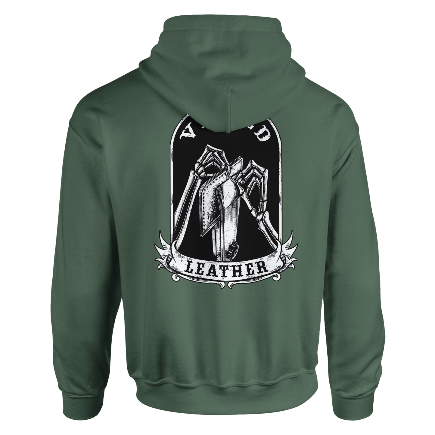 Vetted Leather Hoodie (Black filled back art) Gildan