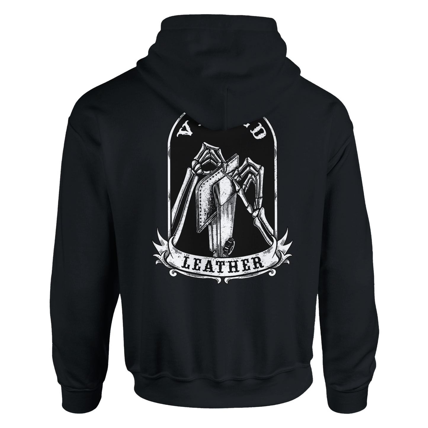 Vetted Leather Hoodie (Black filled back art) Gildan
