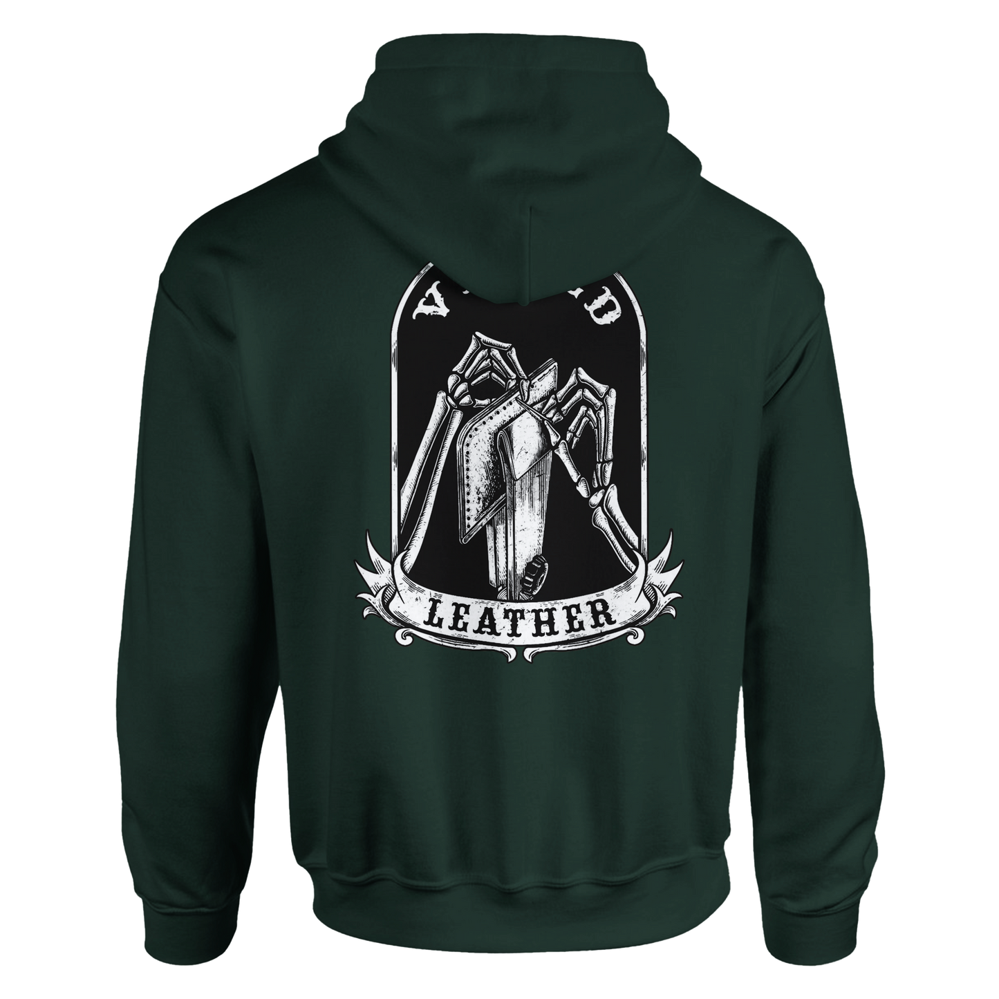 Vetted Leather Hoodie (Black filled back art) Gildan