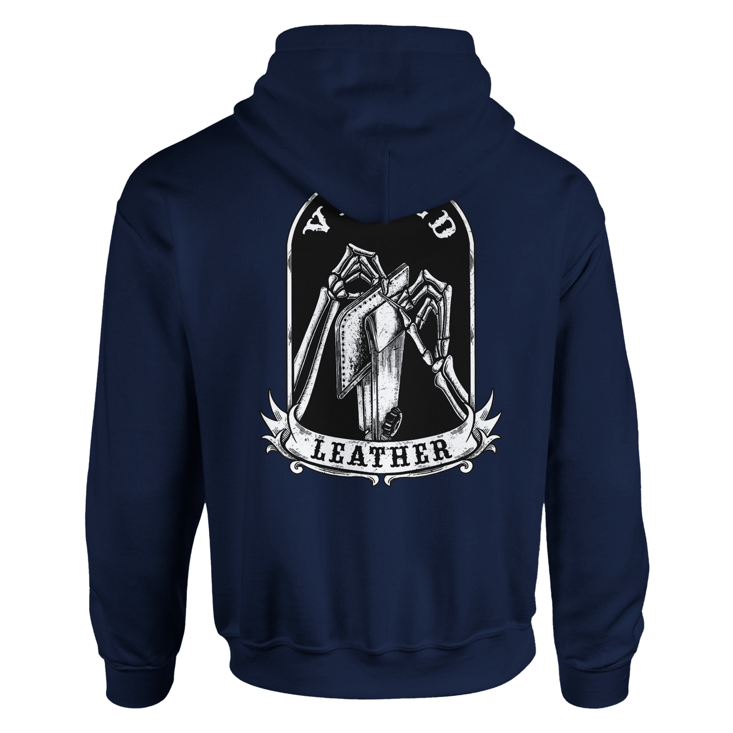 Vetted Leather Hoodie (Black filled back art) Gildan