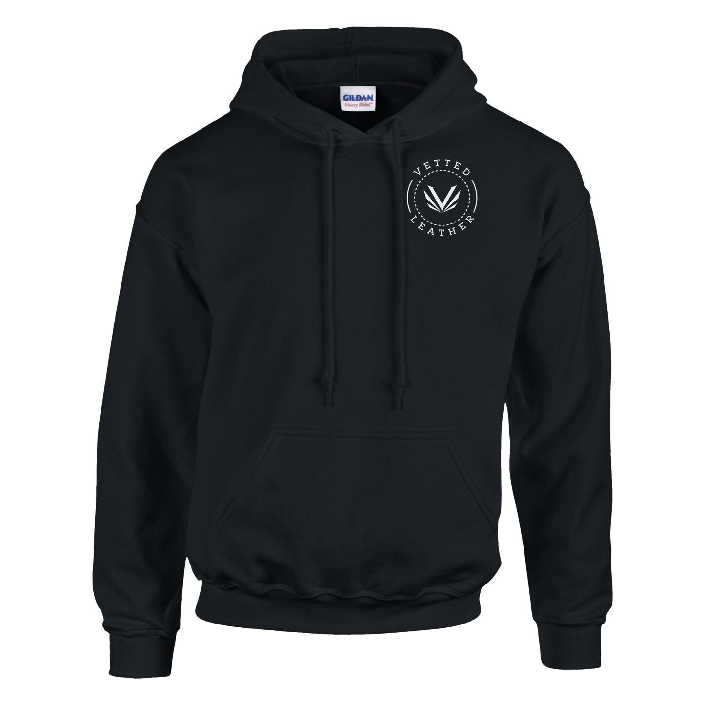 Vetted Leather Hoodie (Black filled back art) Gildan